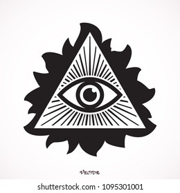 Eye of Providence. Masonic symbol. All seeing eye inside triangle pyramid. New World Order. Hand-drawn alchemy, religion, spirituality, occultism. Isolated vector illustration. Conspiracy theory.