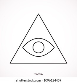 Eye of Providence. Masonic symbol. All seeing eye inside triangle pyramid. New World Order. Hand-drawn alchemy, religion, spirituality, occultism. Isolated vector illustration. Conspiracy theory.