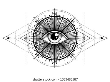 Eye of Providence. Masonic symbol. All seeing eye inside triple moon pagan Wicca moon goddess symbol. Vector illustration. Tattoo, astrology, alchemy, boho and magic symbol. Coloring book.