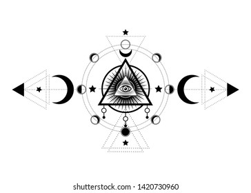Eye of Providence. Masonic symbol. All seeing eye inside triple moon pagan Wicca moon goddess symbol. Vector illustration. Tattoo, astrology, alchemy, boho and magic symbol. Circle of a moon phase 