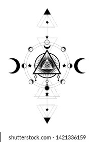 Eye of Providence. Masonic symbol. All seeing eye inside triple moon pagan Wicca moon goddess symbol. Vector illustration. Tattoo, astrology, alchemy, boho and magic symbol. Circle of a moon phase