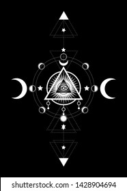Eye of Providence. Masonic symbol. All seeing eye inside triple moon pagan Wicca moon goddess symbol. Vector illustration. Tattoo, astrology, alchemy, boho and magic symbol. Circle of a moon phase svg
