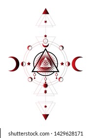 Eye of Providence. Masonic symbol. All seeing eye inside triple moon pagan Wicca moon goddess symbol. Vector illustration. Tattoo, astrology, alchemy, boho and magic symbol. Circle of a moon phase