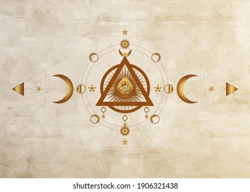 Eye of Providence. Masonic symbol. All seeing eye inside triple moon pagan Wicca moon goddess symbol. Vector old paper. Tattoo, astrology, alchemy, boho and magic symbol. Circle of a moon phase 