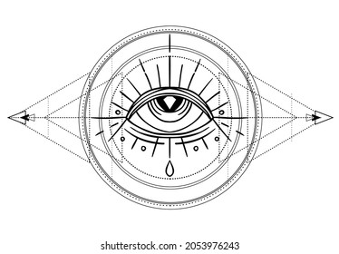 Eye of Providence. Masonic symbol. All seeing eye inside triple moon pagan Wicca moon goddess symbol. Vector illustration. Tattoo, astrology, alchemy, boho and magic symbol. Coloring book.