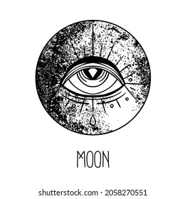 Eye of Providence. Masonic symbol. All seeing eye inside triple moon pagan Wicca moon goddess symbol. Vector illustration. Tattoo, astrology, alchemy, boho and magic symbol. Coloring book.