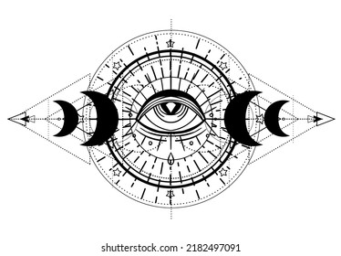 Auge der Vorsehung. Masonisches Symbol. Alle sehen Auge in dreifachem Mond heidnischen Wicca Mond Göttin Symbol. Vektorgrafik. Tattoo, Astrologie, Alchemie, Boho und Zaubersymbol. Farbbuch.