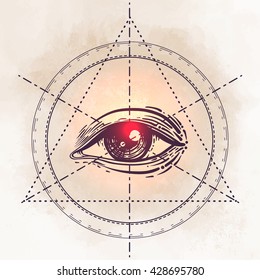 Eye of Providence. Masonic symbol. All seeing eye inside triangle pyramid. New World Order. Sacred geometry, religion, spirituality, occultism. Isolated vector illustration. Conspiracy theory.