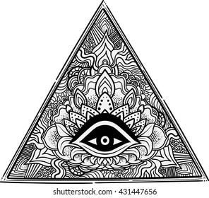 Eye of Providence. Masonic symbol. All seeing eye inside triangle pyramid. Hand-drawn alchemy, spirituality, occultism. Isolated vector. Mehendi tattoo body art pattern elements.