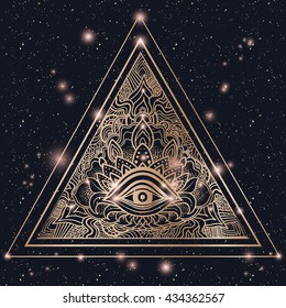 Eye of Providence. Masonic symbol. All seeing eye inside triangle filigree gold glow pyramid. Hand-drawn alchemy, spirituality, occultism. Isolated vector. Mehendi tattoo body art pattern ellements.