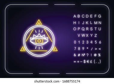 Eye of Providence neon light icon. Occult symbol. All seeing eye with circle and triangle. Outer glowing effect. Sign with alphabet, numbers and symbols. Vector isolated RGB color illustration