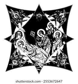 Eye of Providence on cross dome with 4 apostles, angels and seraphim. Ink illustration black and white in Byzantine style isolated