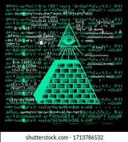 The Eye of Providence (or the all-seeing eye) on dark background with malware code injection. Concept illustration for Information Security and Forensic data analysis.