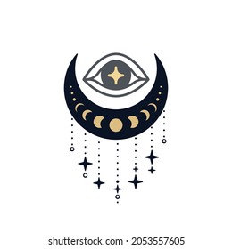 Eye of Providence over crescent with decoration. Sacred mystical symbol