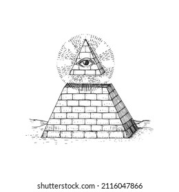 Eye of Providence and Pyramid, vector illustration in engraving style. Vintage pastiche of occult and freemasonry signs. Drawn sketch of magical and mystical symbols.