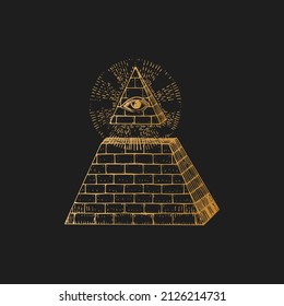 Eye of Providence and Pyramid, vector illustration in engraving style. Vintage pastiche of occult and freemasonry signs. Drawn sketch of magical and mystical symbols.