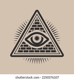 eye of providence in pyramid wall with light vector symbol
