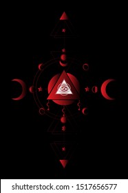 Eye of Providence. Red Masonic symbol. All seeing eye inside triple moon pagan Wicca moon goddess symbol.  