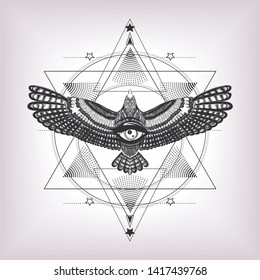 Eye of providence with sacred geometry and eagle. Six pointed star and drawing flying bird with magic look. Masonic symbol. Black and white pattern. The sketch for print t shirt and tatoo art.