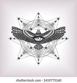 Eye of providence with sacred geometry and eagle. Six pointed star and drawing flying bird with magic look. Masonic symbol. Sketch for print t shirt and tatoo art. Alchemy. The vintage occult sign.