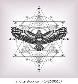Eye of providence with sacred geometry and eagle. Six pointed star and drawing flying bird with magic look. Masonic symbol. Black and white pattern for print t shirt and tatoo art. 
