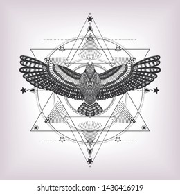 Eye of providence with sacred geometry and eagle. Six pointed star and drawing flying bird with magic look. Masonic symbol. Black and white pattern. Sketch for print t shirt and tatoo art. Alchemy.