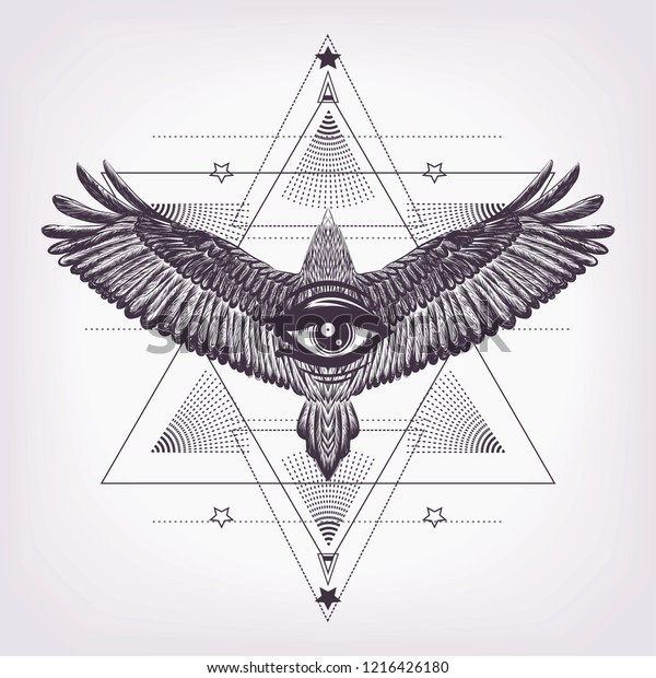 Eye of providence with sacred geometry and\
eagle. Six pointed star and drawing flying bird with magic\
look.Masonic symbol.Black and white pattern. Sketch for print t\
shirt and tatoo art.\
Alchemy.