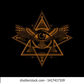 Eye of providence with sacred geometry and wings. Gold six pointed star and drawing flying bird with magic look. Masonic symbol. Sketch for print t shirt and tatoo art. Alchemy.