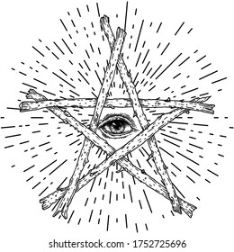 Eye of Providence, sacred Masonic symbol. All seeing eye with rays of light inside the pentacle. Religion, spirituality, occultism symbol isolated over white vector illustration.