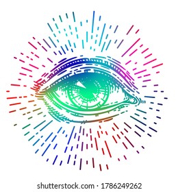 Eye of Providence, sacred Masonic symbol. Colorful All seeing eye with rays of light. Religion, spirituality, occultism symbol isolated over white vector illustration.