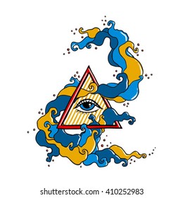 Eye of Providence sign. Masonic symbol. All seeing eye in triangle pyramid. New World Order. Hand drawn alchemy, religion, spirituality, occultism. Isolated vector illustration. Conspiracy theory. 