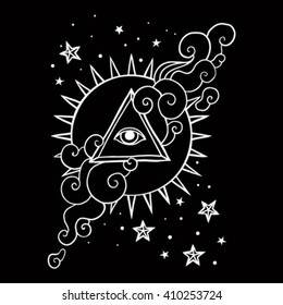 Eye of Providence sign. Masonic symbol. All seeing eye in triangle pyramid over sun rays and clouds. Hand drawn alchemy, spirituality, occultism, yoga concept. Sacred geometry vector illustration