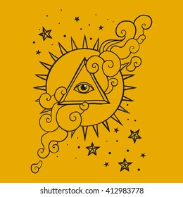 Eye of Providence sign. Masonic symbol.All seeing eye in triangle pyramid over sun & clouds. Hand drawn concept of alchemy, spirituality, occultism, ancient wisdom. Sacred geometry vector illustration