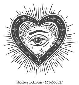 Eye of Providence tattoo. Masonic symbol. All seeing eye inside shape of heart. Symbol of Sacred geometry, religion, spirituality, occultism. Vector illustration