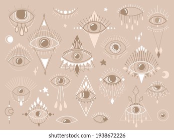 Eye of Providence Trendy Set. Magic witchcraft symbol. Evil eyes collection. Magical esoteric religion sacred geometry symbol vector illustration. Pastel icon on beige background. 