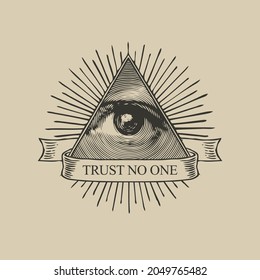 The eye of Providence in a triangular pyramid and the inscription Trust no one. Monochrome icon of the Masonic sign of the All-Seeing Eye of God on old paper background. Vector banner in vintage style