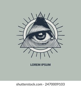 The eye of Providence in a triangular pyramid and the inscription. Monochrome icon of the Masonic sign of the All-Seeing Eye of God on gray background. Vector banner in vintage style