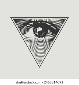 The eye of Providence in a triangular pyramid. Monochrome icon of the Masonic sign of the All-Seeing Eye of God on white background. Vector banner in vintage style