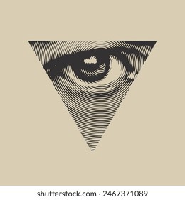 The eye of Providence in a triangular pyramid. Monochrome icon of the Masonic sign of the All-Seeing Eye of God on white background. Vector banner in vintage style