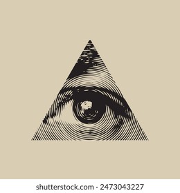 El ojo de la Providencia en una pirámide triangular. Icono monocromo del signo masónico del Ojo de Dios omnipresente sobre fondo blanco. Anuncio de Vector en estilo vintage