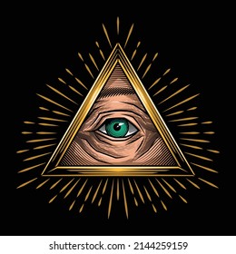 Eye of providence. Vector illustration of golden triangle pyramid with eye in engraving technique.