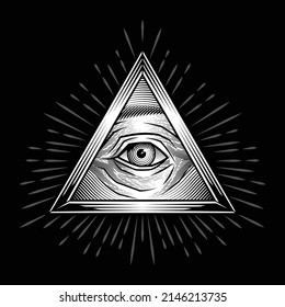 Eye of providence. Vector illustration of golden triangle pyramid with eye in engraving technique.