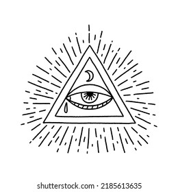Eye of Providence vintage symbol. Masonic all seeing eye symbolic. Vector clipart illustration. Cool for tattoo, t-shirt, coloring book. Astrology, alchemy, dark boho magic concept.