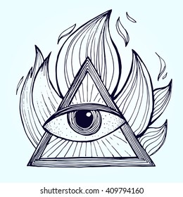 An eye with pyramid in fire on background. Alchemy masonic symbol. Vector illustration