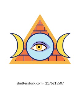 Eye in the pyramid on the background of the brick wall and the moon. Symbol of the Freemasons. Ancient mystic symbol for magic and tattoo. Vector flat illustration, cartoon style.