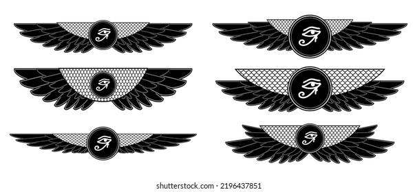 Eye of Ra, Eye of Horus with wings. Egyptian symbol, logo or icon. Print for t-shirts, books or web design. Vector illustration isolated on white background.