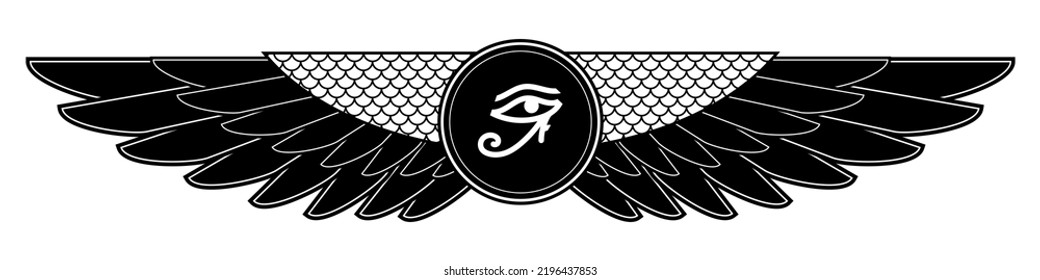 Eye of Ra, Eye of Horus with wings. Egyptian symbol, logo or icon. Print for t-shirts, books or web design. Vector illustration isolated on white background.