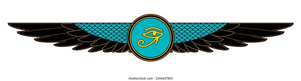 Eye of Ra, Eye of Horus with wings. Egyptian symbol, logo or icon. Print for t-shirts, books or web design. Vector illustration isolated on white background.