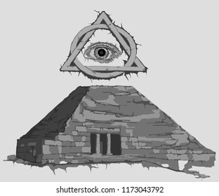 eye of ra and pyramid, illustration on gray background,realistic detailed hand drawn vector illustration. 