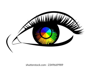 Eye with rainbow pupil illustration isolated on white background. LGBT  symbol. Luxurious rainbow eye with  full lashes. Vector illustration.
